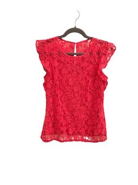 White House Black Market Hot Pink Floral Lace Layered Cap-Sleeve Top